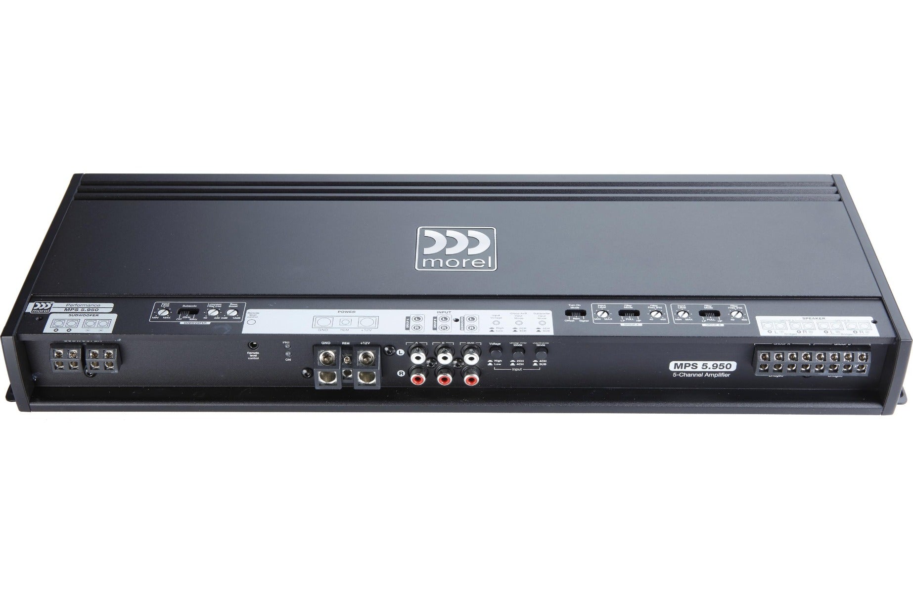 Morel MPS 5.950 5-channel car amplifier — 70 watts RMS x 4 at 4 ohms + 550 watts RMS at 2 ohms