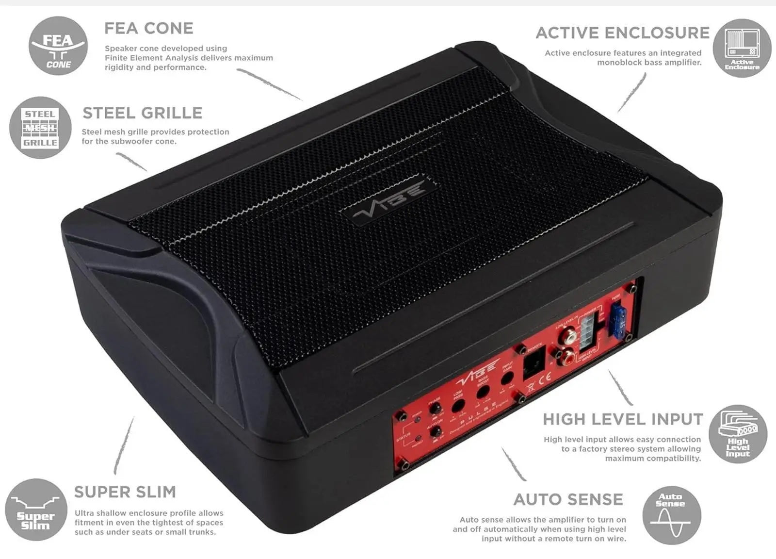 VIBE PULSEC8A-V4 Underseat Compact Slim Active Amplified 6×8 inch 240 Watt Subwoofer Sub Bass Box Enclosure
