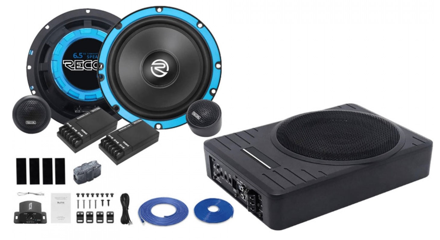 VW RECOIL 165mm (6.5inch) 200 Watt Component speakers and 10 inch amplified underseat subwoofer REC-REM65-SUB-VAUX