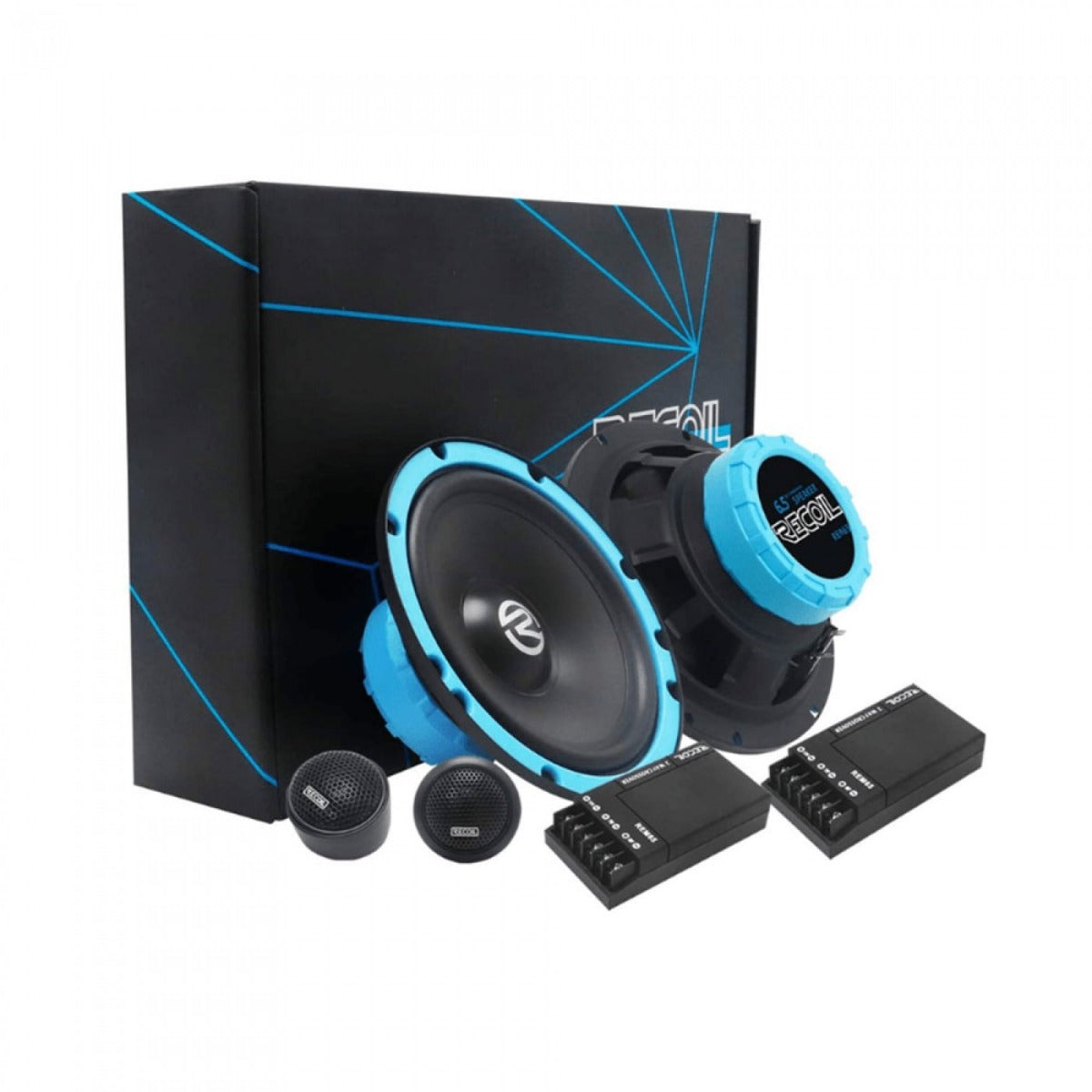VW RECOIL 165mm (6.5inch) 200 Watt Component speakers and 10 inch amplified underseat subwoofer REC-REM65-SUB-FIAT