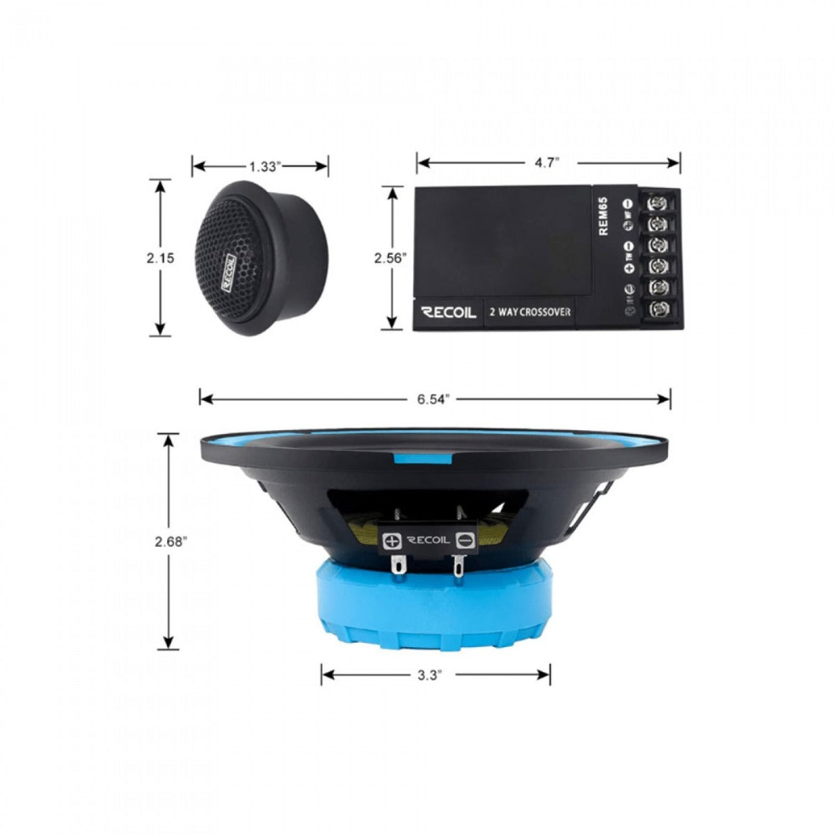 VW RECOIL 165mm (6.5inch) 200 Watt Component speakers and 10 inch amplified underseat subwoofer REC-REM65-SUB