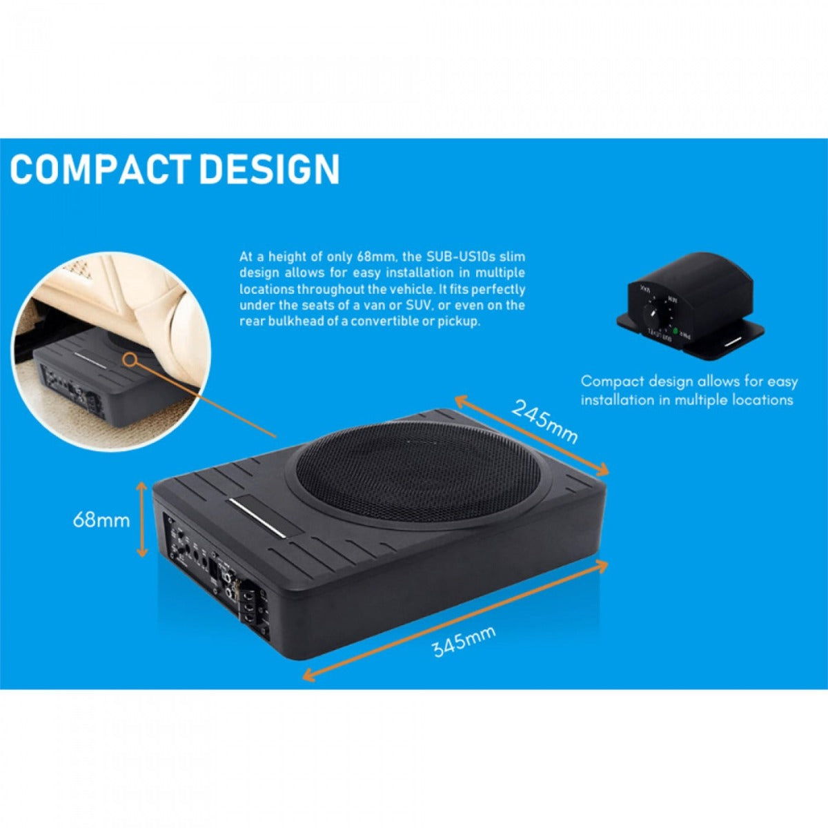 VW RECOIL 165mm (6.5inch) 200 Watt Component speakers and 10 inch amplified underseat subwoofer REC-REM65-SUB-FIAT