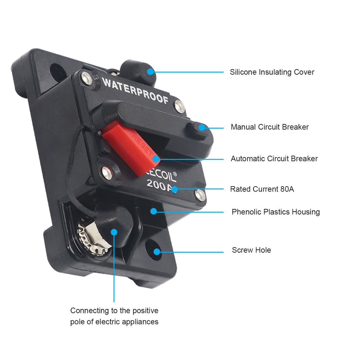 RECOIL 200 AMP Water Resistant circuit breaker with manual switch reset 10-610-200