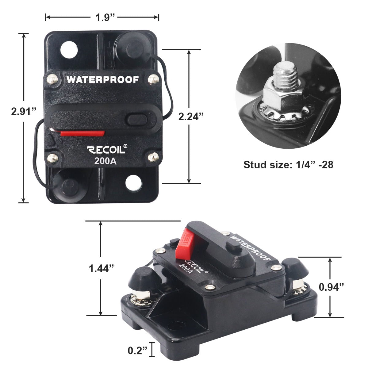 RECOIL 200 AMP Water Resistant circuit breaker with manual switch reset 10-610-200