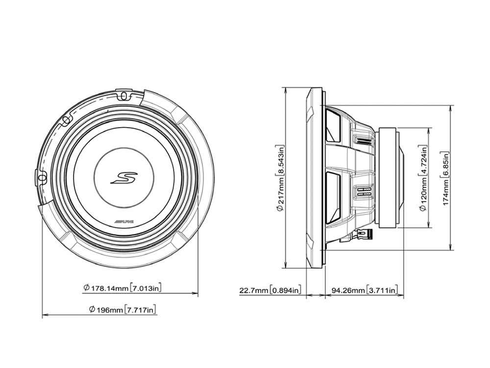 Alpine S2-W8D4 Next-Generation 20cm (8 inch) S-Series Subwoofer with Dual 4-Ohm Voice Coils