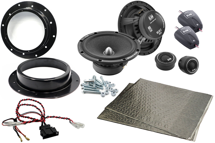 Volkswagen Caddy, Eros, Golf, Jetta, Passat, Sharan, Tiguan, Touareg, Touran,  Transporter BLAM 165RS 165mm speakers into the front doors of complete speaker upgrade fitting kit