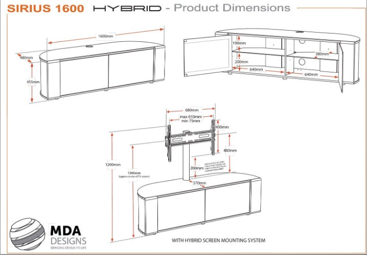 MDA Designs Sirius 1600 Oak / Walnut interchangeable panels Complete Cantilever TV Cabinet