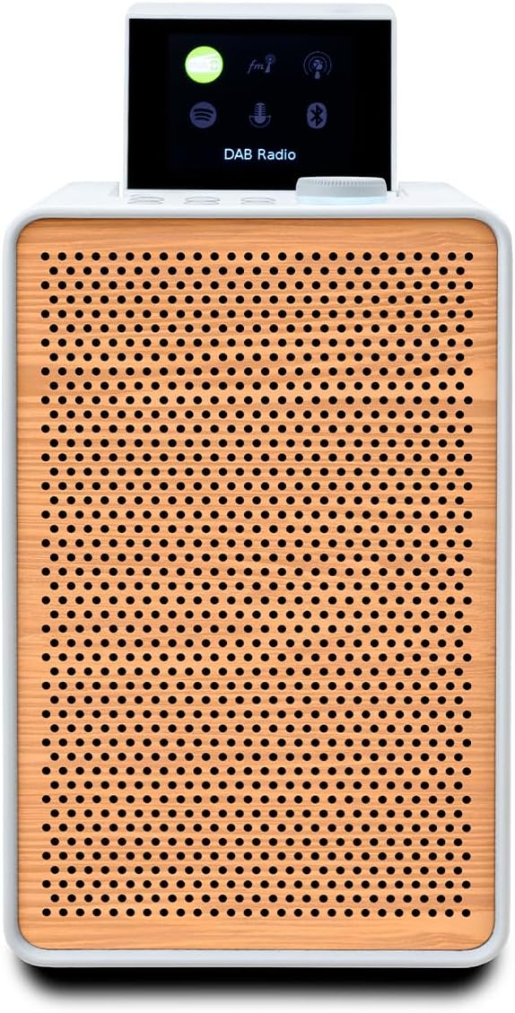 PURE Evoke Spot - Wood Edition, Compact Music System in Cotton White with Cherry Wood Grill