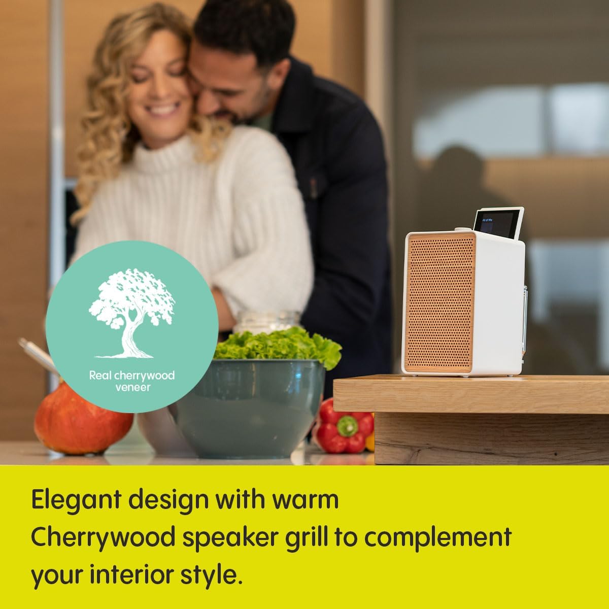 PURE Evoke Spot - Wood Edition, Compact Music System in Cotton White with Cherry Wood Grill