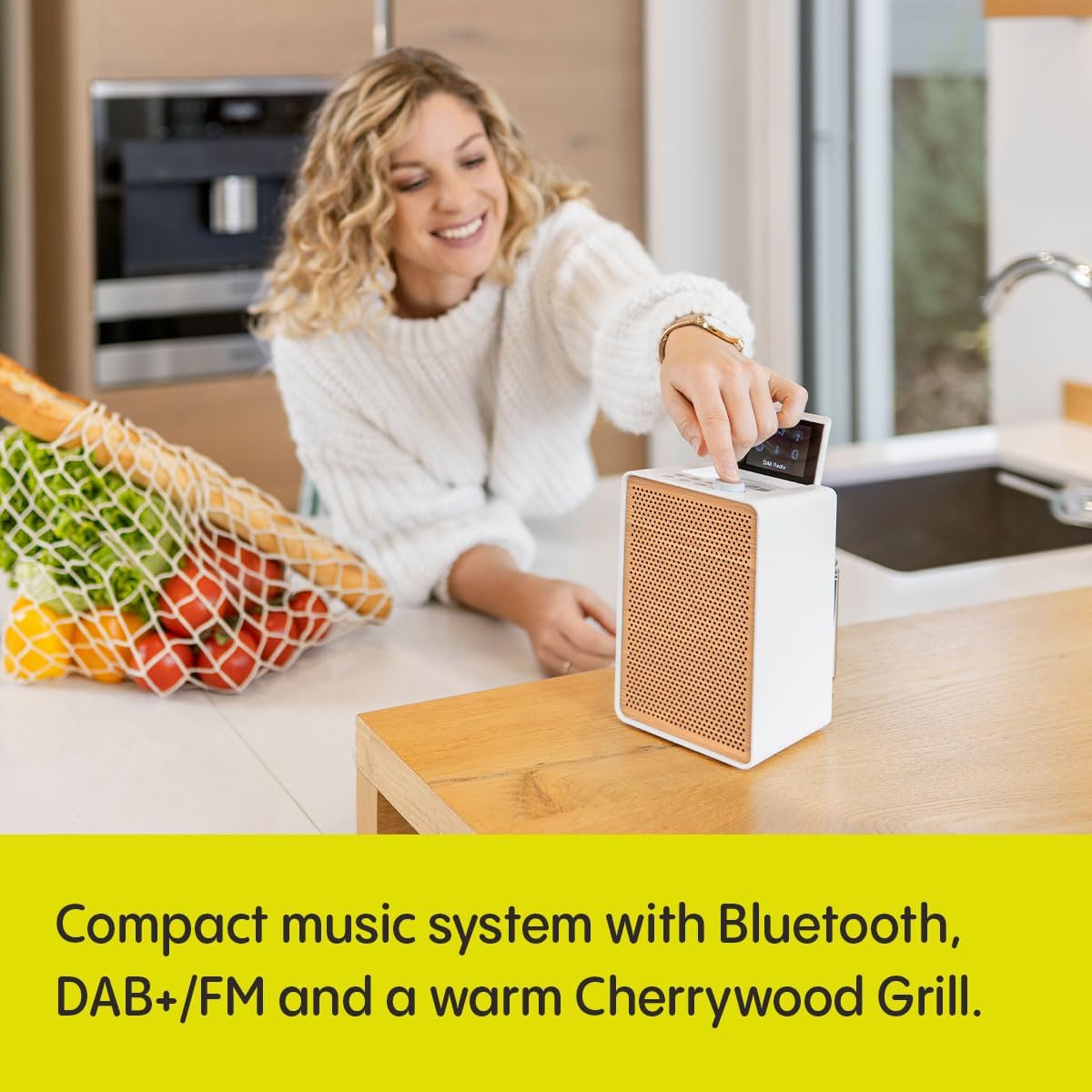 PURE Evoke Spot - Wood Edition, Compact Music System in Cotton White with Cherry Wood Grill