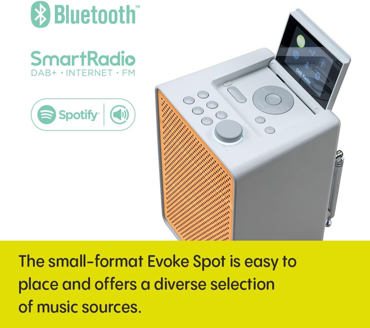 PURE Evoke Spot - Wood Edition, Compact Music System in Cotton White with Cherry Wood Grill
