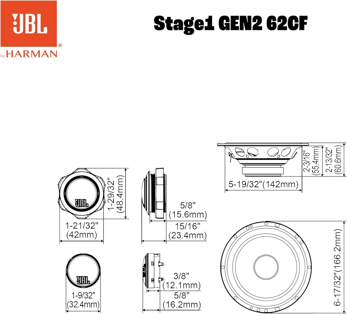JBL Stage1 GEN2 62CF C 6.5 inch (165mm) 640 Watt  2-way Component Car Speakers