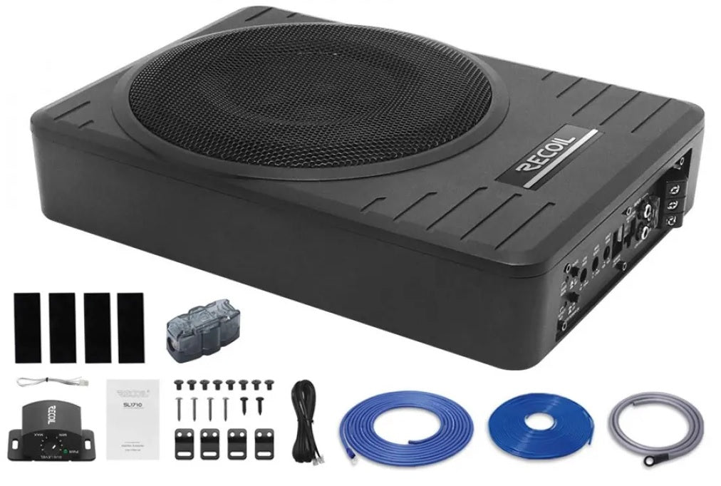 Recoil SL1710 10" (25cm) 300 watt Compact Powered underseat Subwoofer Box with Installation wiring kit