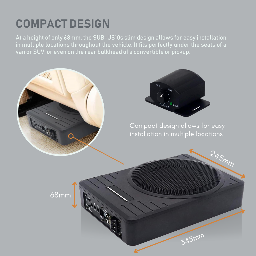 Recoil SL1710 10" (25cm) 300 watt Compact Powered underseat Subwoofer Box with Installation wiring kit