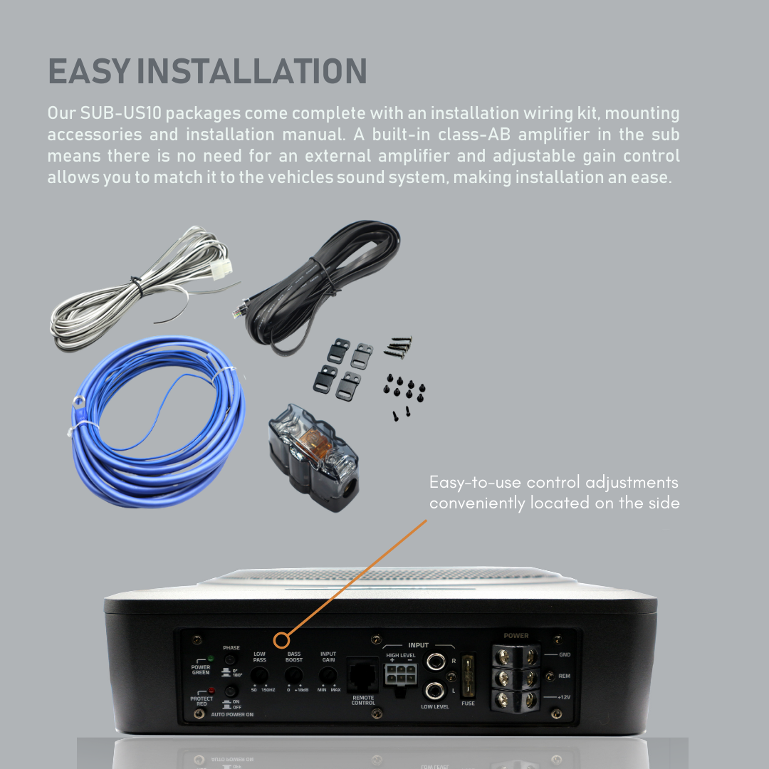 Recoil SUB-US10 10" (25cm) 300 watt Compact Powered underseat Subwoofer Box with Installation wiring kit