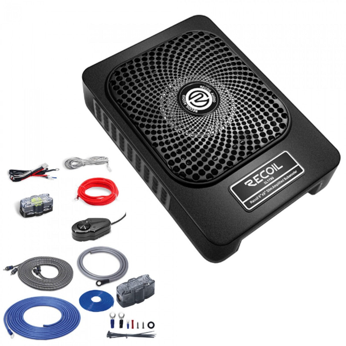 RECOIL SL1789 8-inch (200mm) 550W slim amplified under-seat subwoofer with installation wiring kit SUB-US8