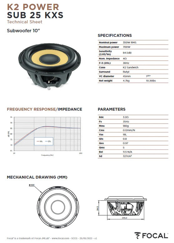 Focal SUB25KXS K2 Power Series 10" 4-ohm shallow-mount component subwoofer
