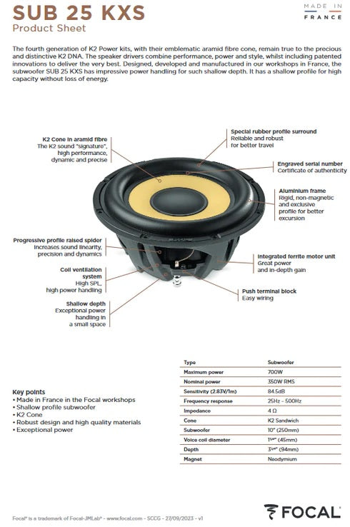 Focal SUB25KXS K2 Power Series 10" 4-ohm shallow-mount component subwoofer