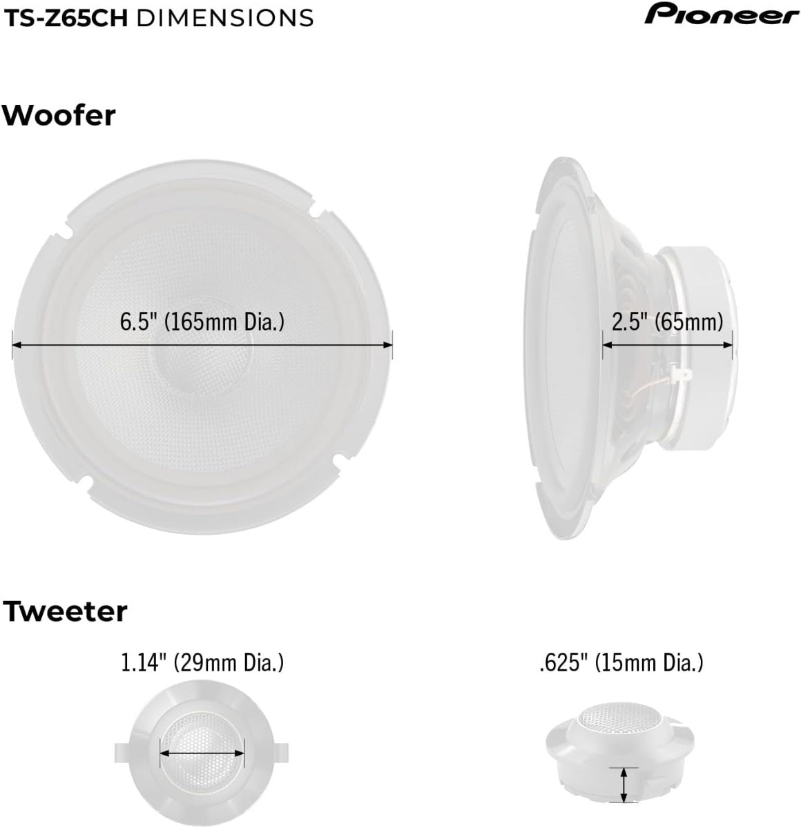 Pioneer TS-Z65CH 6.5" 17cm 330W 2 Way Component full range Car Speakers