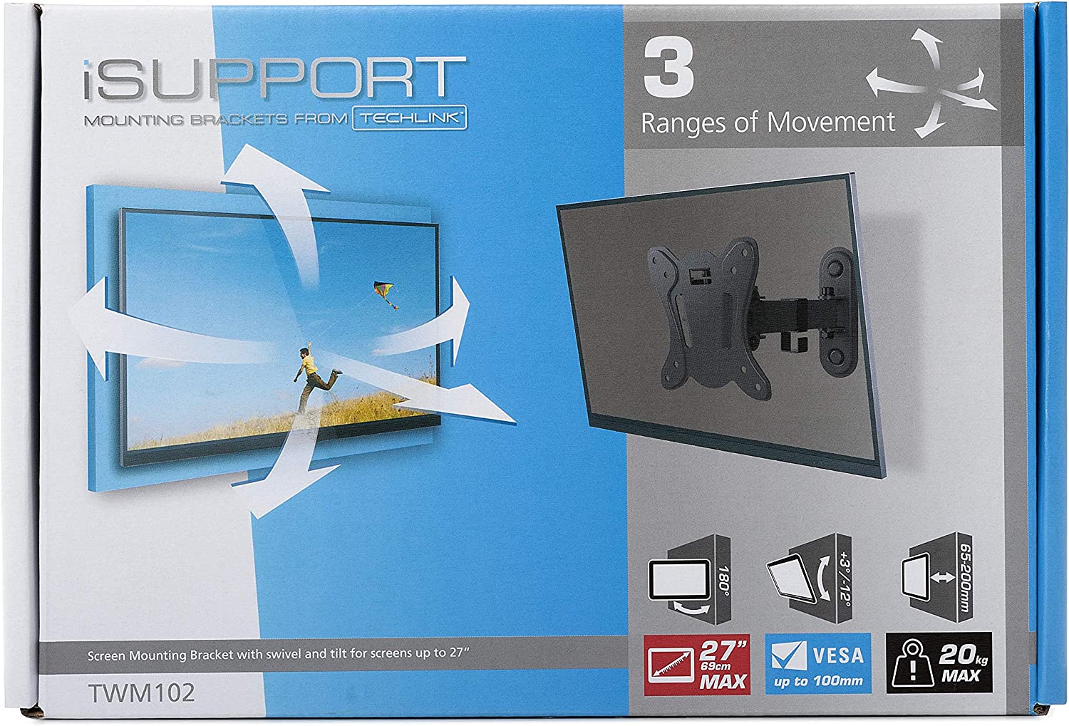 Techlink TWM102 Single Arm Articulated Wall Mount, Screens up to 27"
