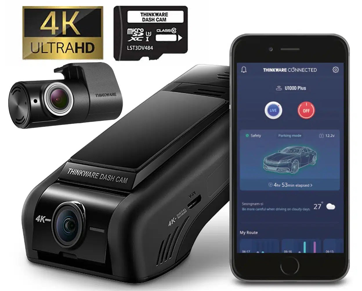 Thinkware U1000 Plus 4K UHD 2CH Front & Rear Dash Cam WiFi Bluetooth 64GB SD Card
