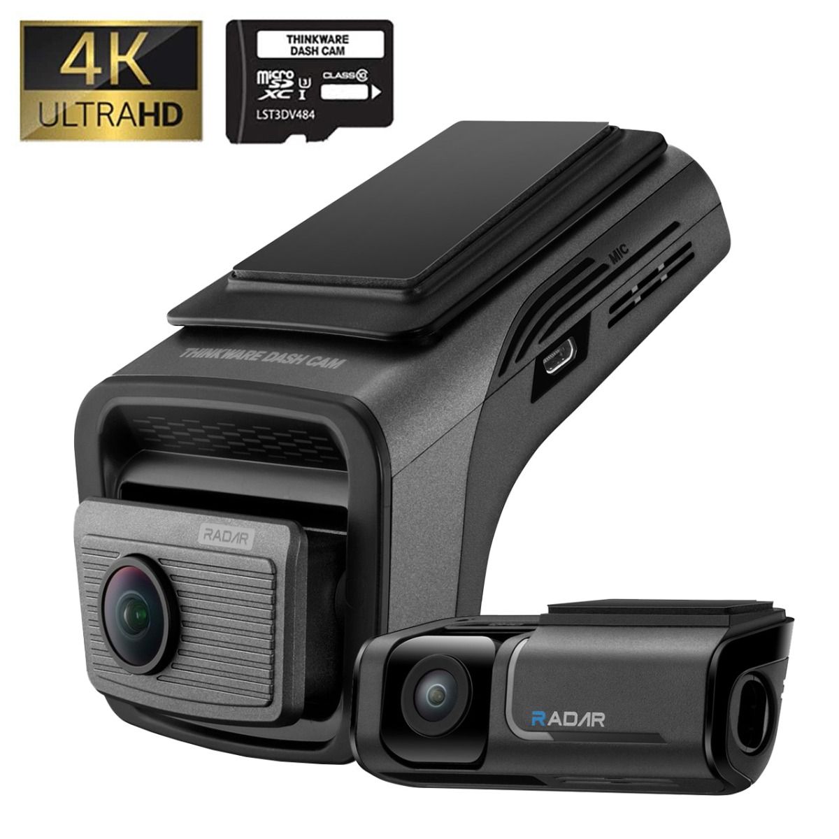 Thinkware U3000 PRO-2CH 4K Front & 2K Rear Dashcam, Built-In Radar & HDR, Bluetooth, Wifi, Super Night Vision, 64GB SD Card