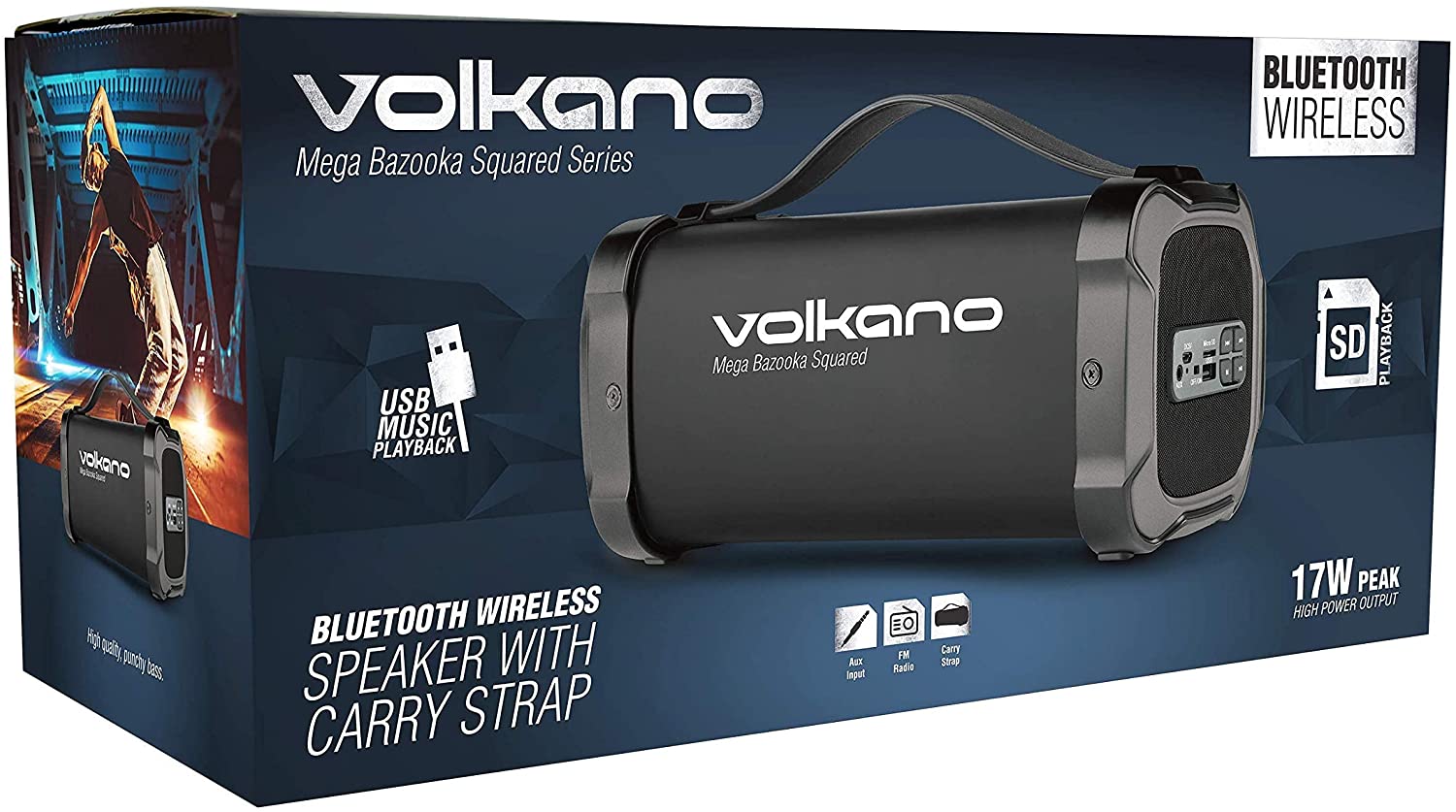 Volkano VK3303BK Mega Bazooka Squared Speaker with Bluetooth, FM Radio, Aux In, SD Card and USB Input