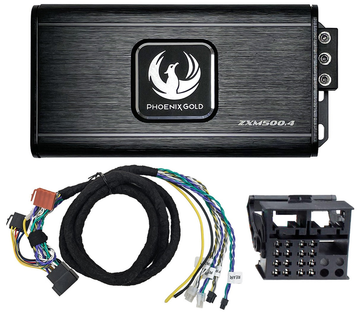 Phoenix Gold ZXMPB1 includes a ZXM500.4 Amplifier ZXMISOT2 BMW ISO-T harness.
