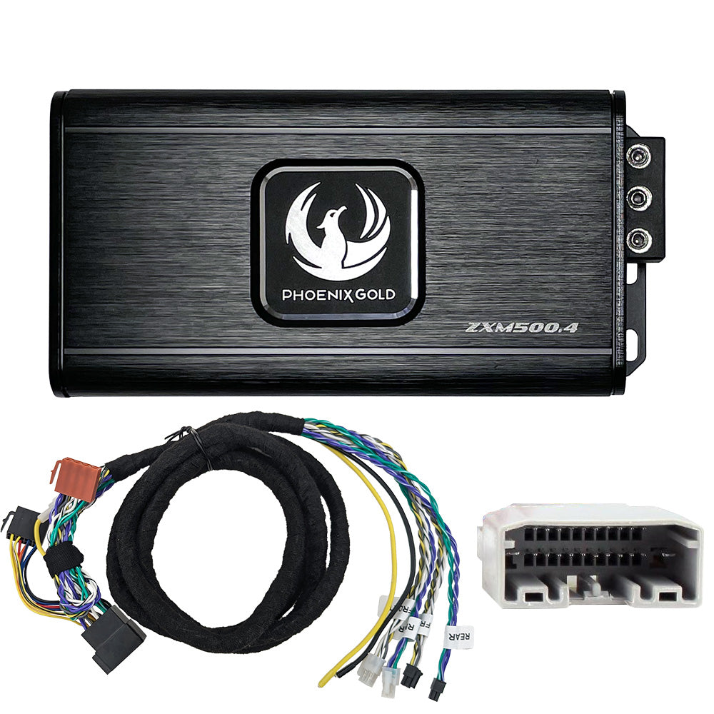 Phoenix Gold ZXMPCH1 includes a ZXM500.4 Amplifier ZXMISOT2 Chrysler, Dodge and Jeep ISO-T harness.