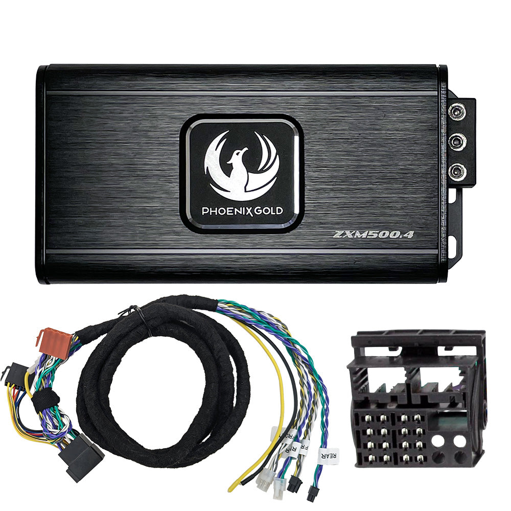 Phoenix Gold ZXMPMB1 includes a ZXM500.4 Amplifier ZXMISOT2 Mercedes ISO-T harness.