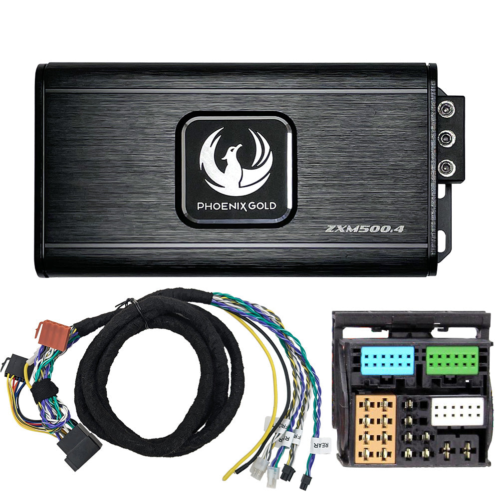 Phoenix Gold ZXMPVW1 Audi, VW, Seat includes a ZXM500.4 Amplifier ZXMISOT2 ISO-T harness.