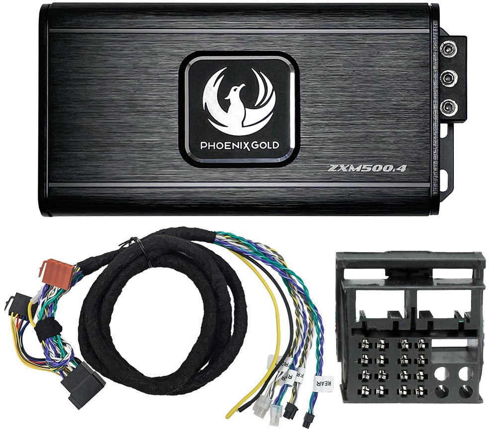 Phoenix Gold ZXMPVW2 includes a ZXM500.4 Amplifier ZXMISOT2 VW, Seat, Mercedes ISO-T harness.